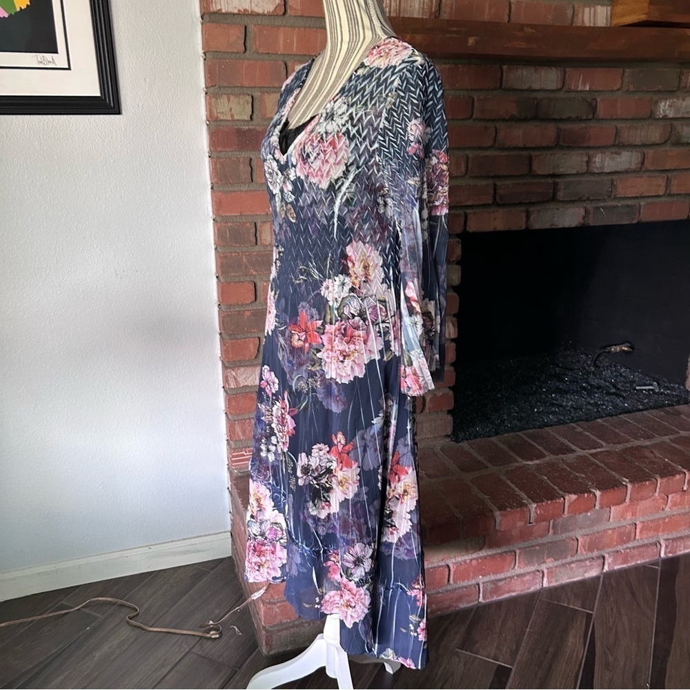 Komarov Lace Sleeve Charmeuse Floral Midi Dress in Coral Glow Sz M - Picture 4 of 8